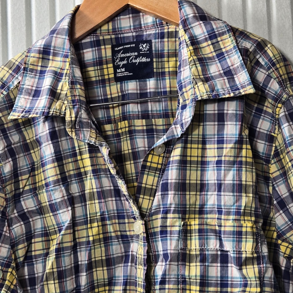 American Eagle Kids‎ Yellow Navy Blue Plaid Button Down Shirt Classic Prep Fit M